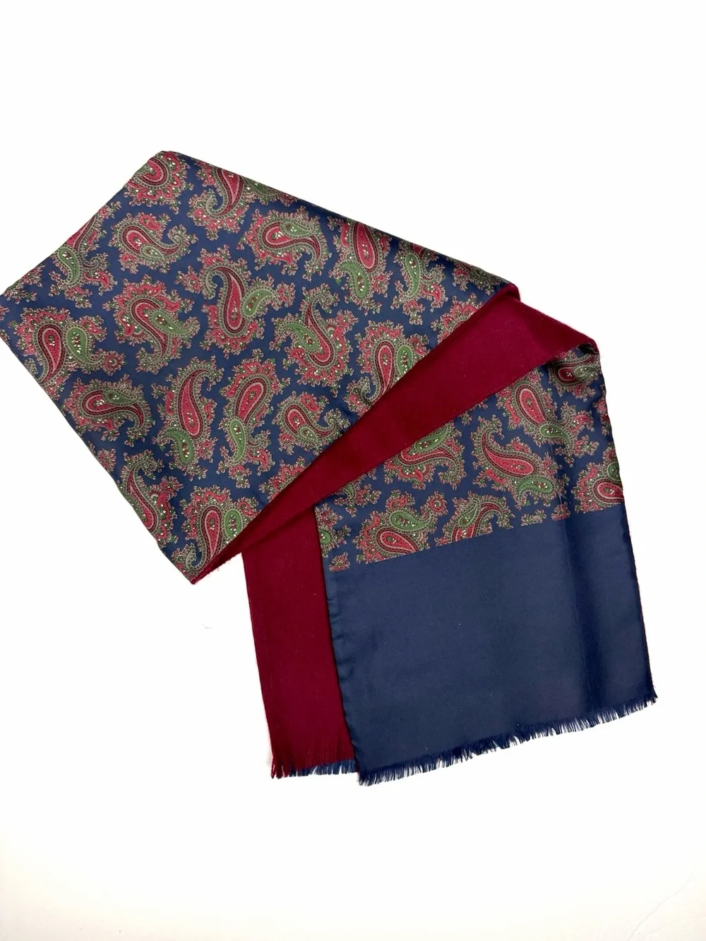 Vintage Christian Dior Doubled Paisley Scarf Silk Wool Navy Burgundy 53x9.5”